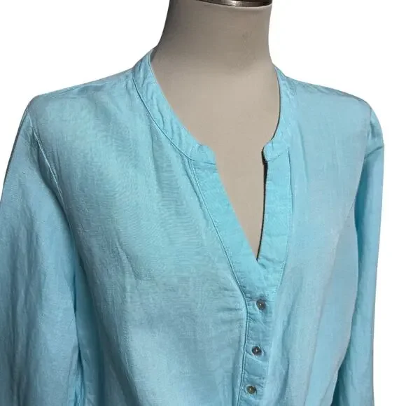Boston Proper Linen Flare Sleeve Tie Front Top Aqua Splash Blue XL - Picture 3 of 8